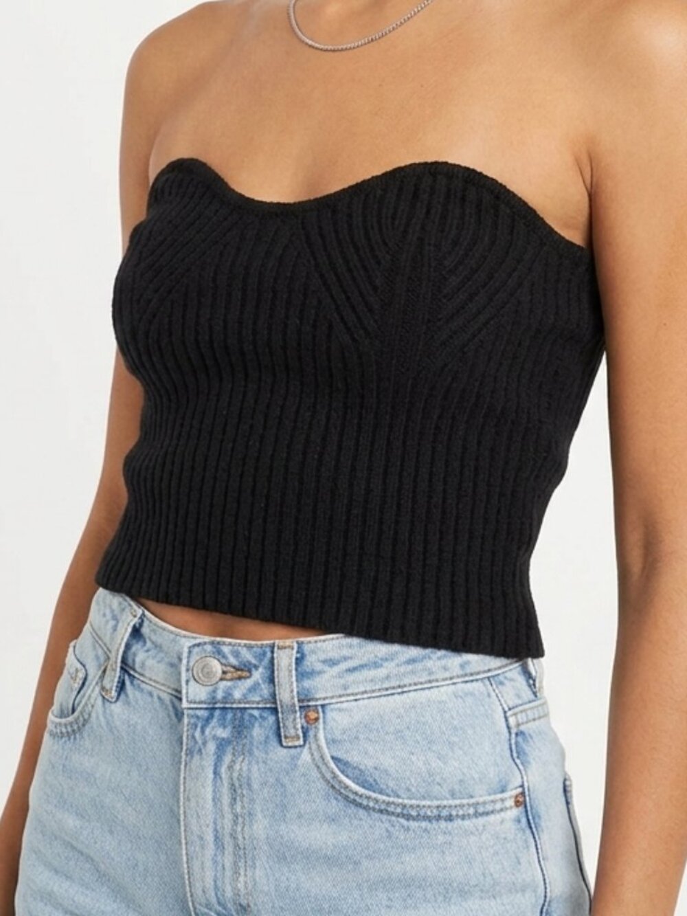 Ribbed Knit Edit by Nine Black Strapless Sweetheart Crop Tube Top Size S Small